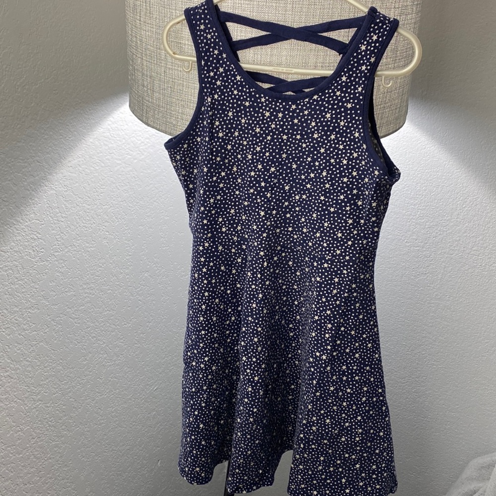 Size 7/8, Blue and white star dress, Cute summer dress with criss cross back.